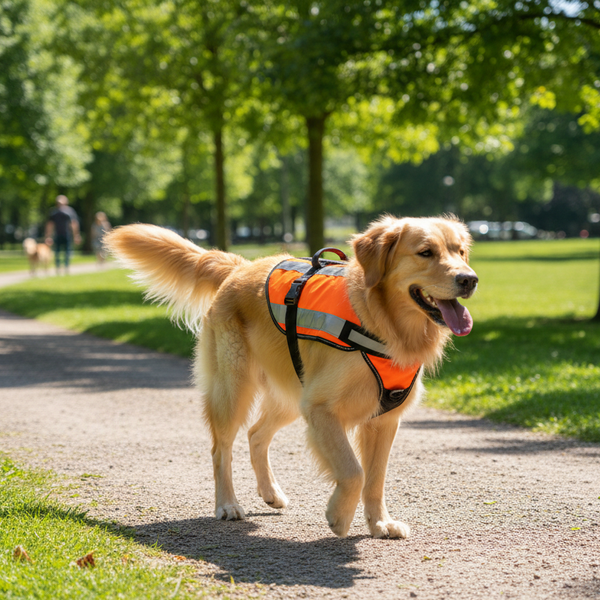 Chien avec harnais en promenade